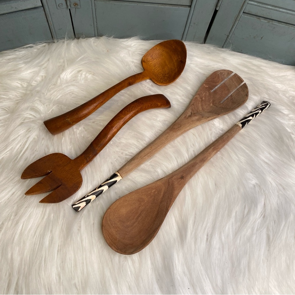 2 Vintage Carved Wood Horn Handle & Arched Curved Handle Salad Serving Sets